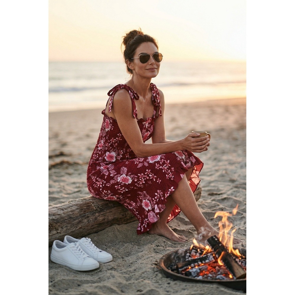 Free People Smocked Mini Dress Women's Small Petite SP Maroon Floral Boho